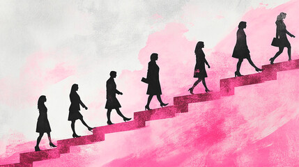 Illustration of office employees and a businesswoman climbing the career ladder for a corporate presentation in pink tones