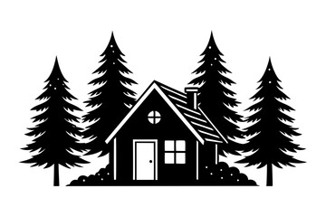 Forest Cabin Silhouette Nestled Between Tall Pine Trees