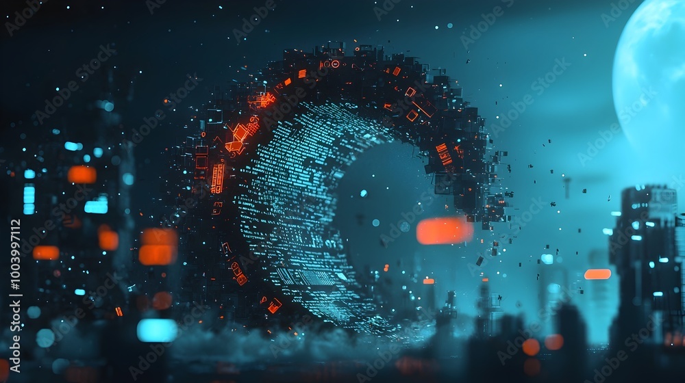Leinwandbilder Visually striking digital artwork depicting a wave like motion of fragmented text and image elements cascading over an abstract cityscape creating a captivating and futuristic visual experience