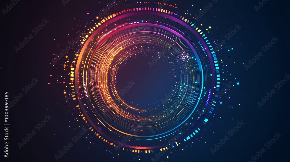 Aufkleber abstract colorful circle glowing with bright lights and particles on dark background.