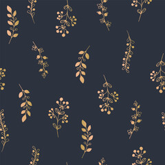 A hand-drawn seamless herbal pattern, yellow plants on a dark blue background, an elegant botanical backdrop with a golden gradient