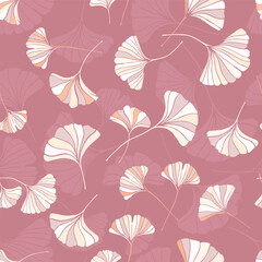 A seamless pattern of ginkgo leaves in pastel pink colors, a variation of hand-drawn ginkgo leaves, an elegant botanical background 