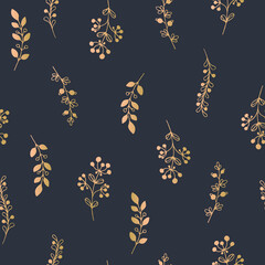 A hand-drawn seamless herbal pattern, yellow plants on a dark blue background, an elegant botanical backdrop with a golden gradient