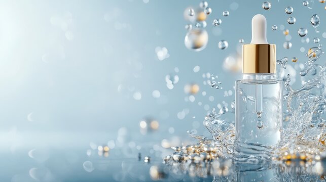 Illuminating Skincare Elixir - Premium Treatment Concept with Water Droplets and Golden Oil Elements on Soft Blue Background