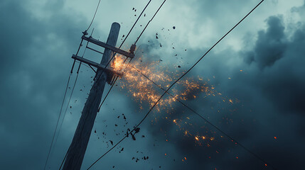 A wooden power pole with electrical wires sparking and exploding, with a stormy sky in the background.