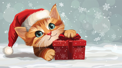 Cute fluffy kitten in a Santa hat with Christmas gift box on white winter background. Detailed layered vector illustration for Christmas or New Year card © Svitlana Belinska
