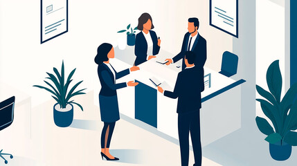 Fototapeta premium illustration with business people discussing business strategy on blue and white circles background for corporate presentation