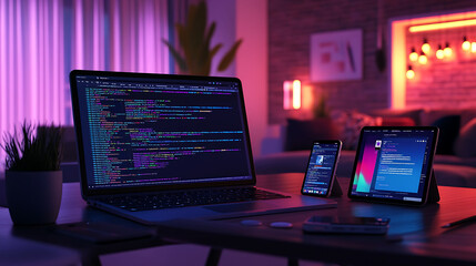 Fototapeta premium A laptop, tablet and phone with screens displaying coding on a table in a dimly lit room.