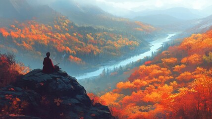 Solitary Figure Gazing at an Autumnal Valley with a Winding River
