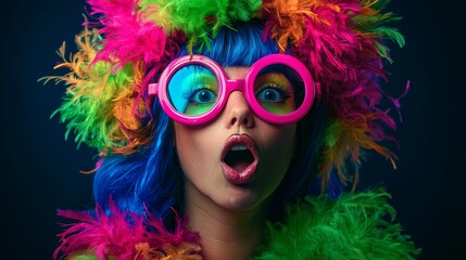 Obraz premium Surprised woman in colorful wig, pink glasses, and neon green boa on a dark background.