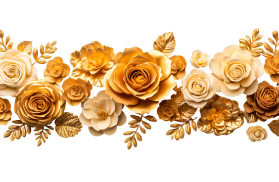 Golden Rose Floral Border: A delicate and elegant arrangement of golden roses and leaves, creating a luxurious and timeless border perfect for wedding invitations, floral arrangements.