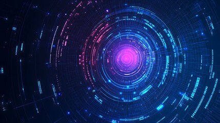 Obraz premium Abstract blue and pink circular design with glowing lines and dots on a dark background.