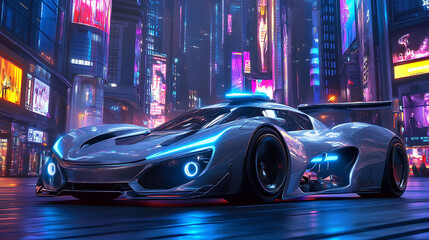 Fototapeta premium A futuristic sports car drives through a neon-lit city at night.