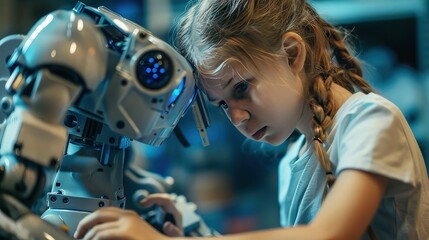A young girl programming a robot in a STEM workshop, challenging gender norms and promoting gender equality in education.