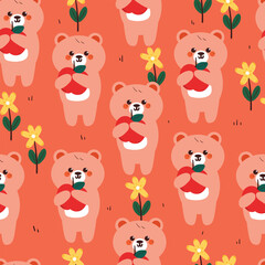 seamless pattern cartoon bear holding red apple. cute autumn vibes wallpaper for fabric print, gift wrap paper