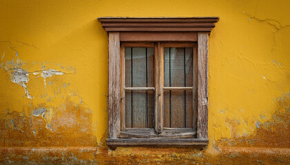 Window with weathered wooden frame, rough yellow cement wall. Natural wood. Building exterior.