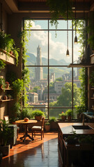 Cozy kitchen with large window overlooking cityscape and mountains, adorned with plants for interior design concept