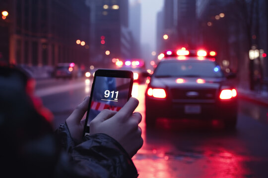 Person calling 911 emergency number on smartphone at night with police car in background