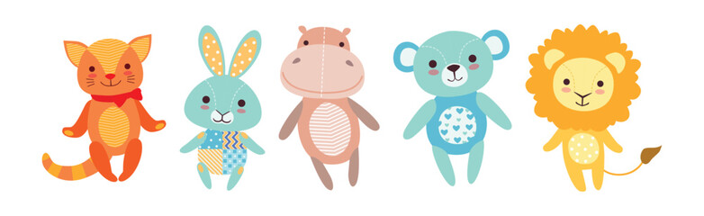 Sewed Stuffed or Fluffy Colorful Toys Vector Set