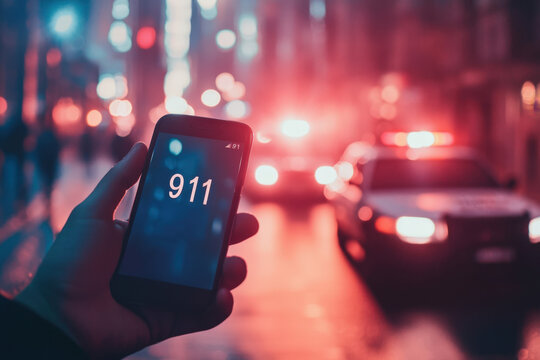 Person is calling 911 on a smartphone at night with police cars in the background