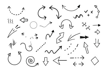 Arrow icons set. Vector black directional pointers. Flat hand drawn line doodle style.