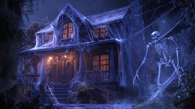 Spooky haunted house with cobwebs and skeleton, eerie night setting.
