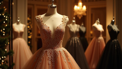 Elegant evening gowns showcased in a beautifully lit boutique setting