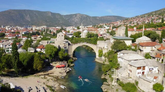 Drone view of Mostar bridge in Bosnia and Herzegovina