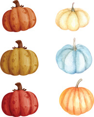 Autumn set of pumpkins. Watercolor Hand painted pumpkin for Halloween and Fall on white background. Vector illustration, watercolor painting, hand drawing