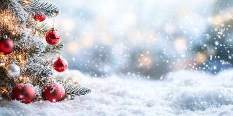 Christmas card with balls tree winter snow and copyspace copy space panorama created with generative ai