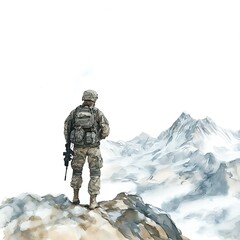 Soldier Standing on Mountaintop Looking at the View.