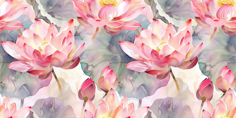 Watercolor seamless pattern with water lily flowers. Floral allover background