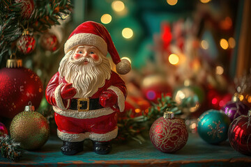 Vintage santa claus figurine is standing on a table with christmas ornaments and lights in the background