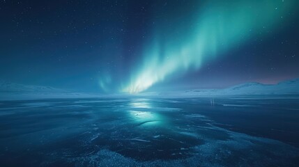 Naklejka premium Mesmerizing northern lights illuminating a serene frozen lake under a starry night sky.