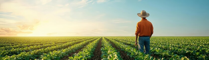 Farmer tending to crops with natural irrigation system, lush green fields, 3D illustration