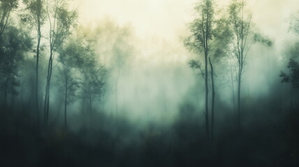 Obraz premium Out-of-focus image of a quiet foggy forest with tall trees and a serene atmosphere
