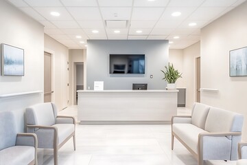 White Minimalist Waiting Area with Reception Desk and Chairs