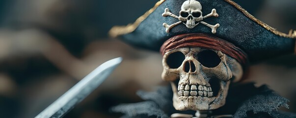 Pirate skeleton figure with a hat and sword, isolated on a dark background.