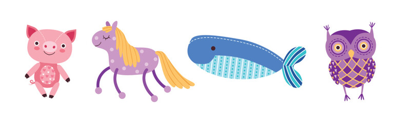 Sewed Stuffed or Fluffy Colorful Toys Vector Set