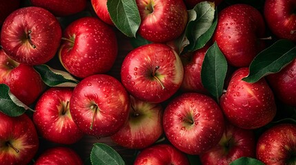 Close up of fresh red apple fruit background with leaves, top view. Photorealistic high resolution macro photography for advertising or food design.