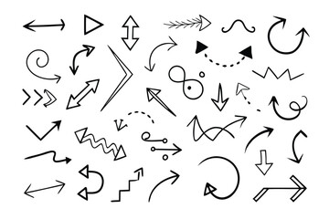 Arrow icons set. Vector black directional pointers. Flat hand drawn line doodle style.
