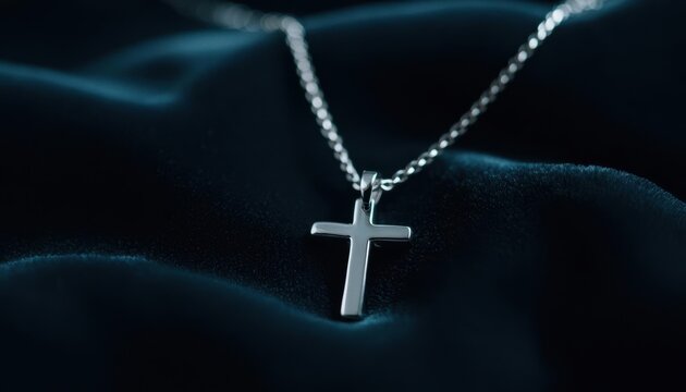 Silver cross necklace resting on dark fabric, elegant and reflective.