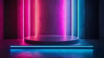 Illuminated Podium in Dark Room with Striking Neon Accents