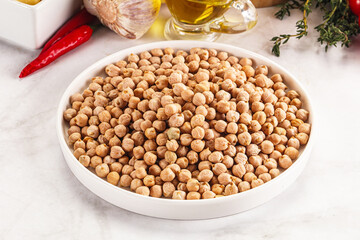 Dry chickpea seeds heap in the bowl