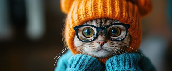 Tabby cat wearing orange knit hat and glasses with blue sweater. Pet winter fashion and quirky feline concepts