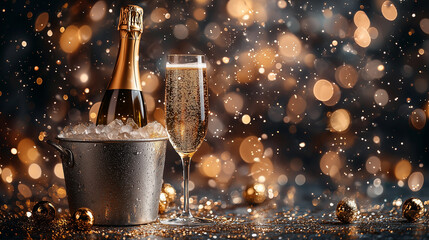 Celebrate the season with this elegant champagne display, featuring chilled bubbles and sparkling bokeh lights&mdash;ideal for Christmas and New Year&rsquo;s festivities, motive cards and new year wishes