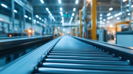 Conveyor belt extends through a modern automated warehouse during evening hours showcasing industrial efficiency