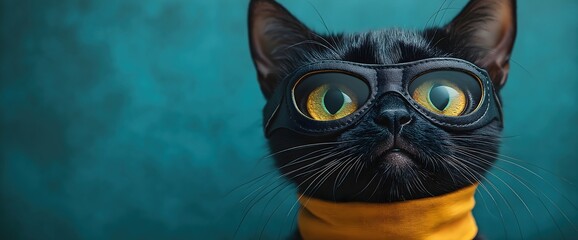 Black cat wearing aviator goggles on teal background. Pet fashion and cool feline concepts