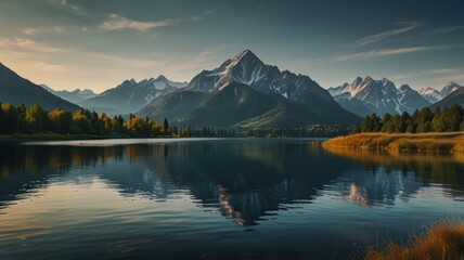 Naklejka premium A serene lake reflects the majestic snow-capped peaks of a mountain range under a blue sky with clouds.