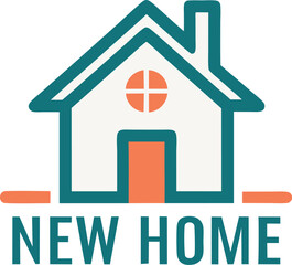 New Home text with house illustration in teal and orange on white background. Flat design for real estate or home announcement